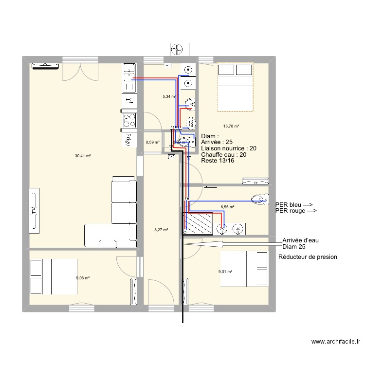 Castel T4 RDC - Plomberie. Plan de 9 pièces et 84 m2