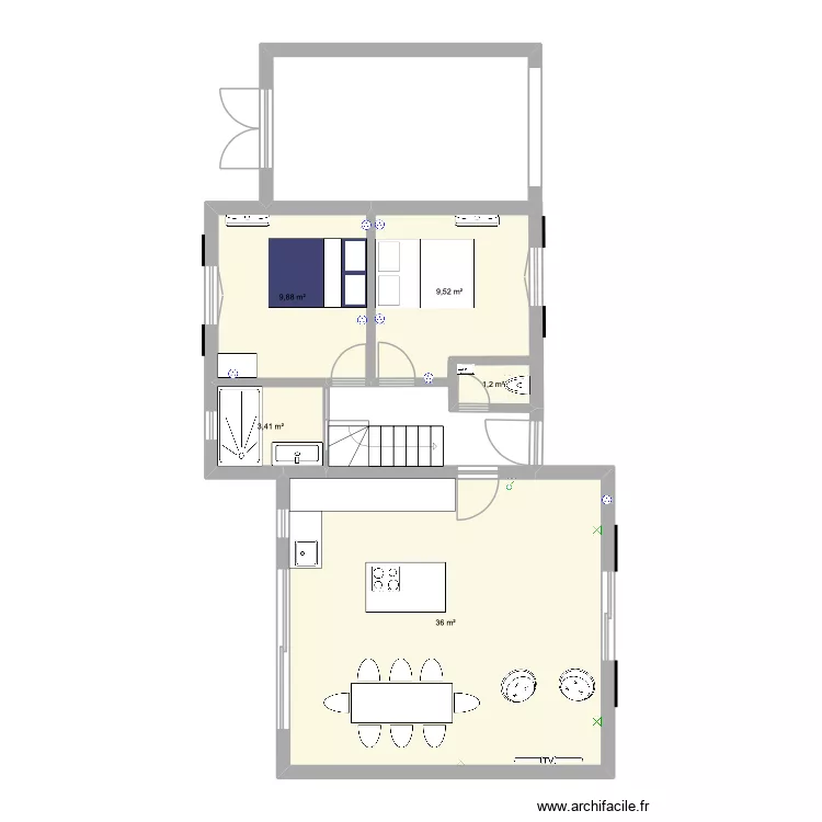CHAMBRE RDC. Plan de 5 pièces et 60 m²
