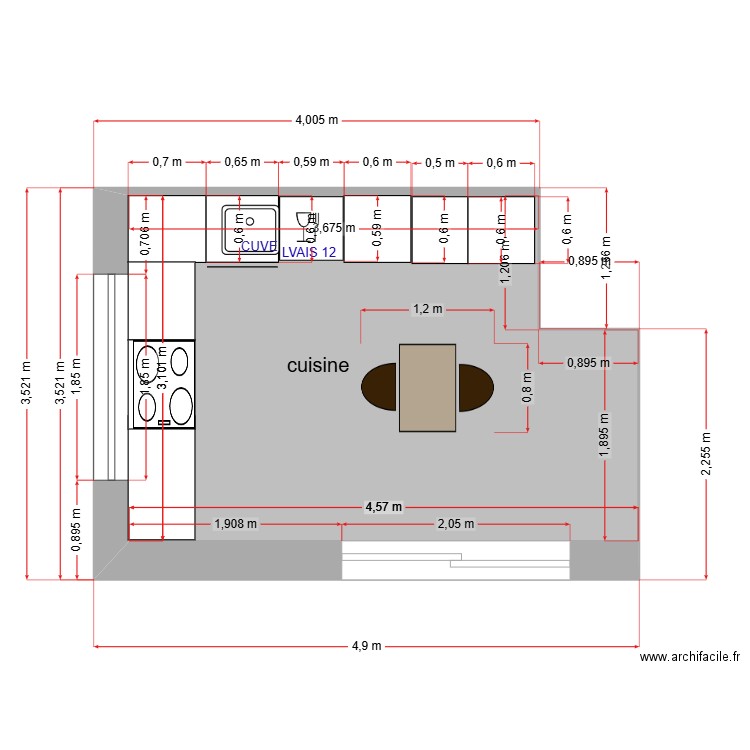 cuisine implantation évier et lave-vaisselle . Plan de 1 pièce et 13 m2