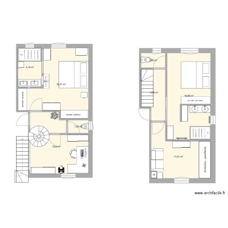  plan suite parental et étage . Plan de 6 pièces et 60 m2