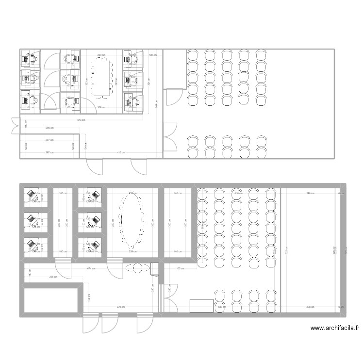 RDC. Plan de 29 pièces et 175 m2