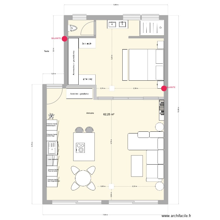 Moreira appart version 2. Plan de 1 pièce et 62 m2