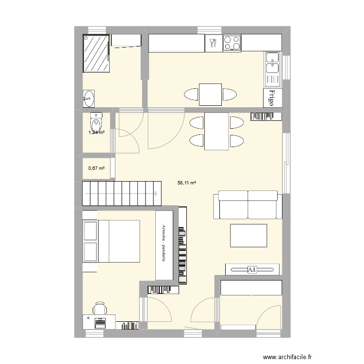 RDC 1. Plan de 3 pièces et 60 m2