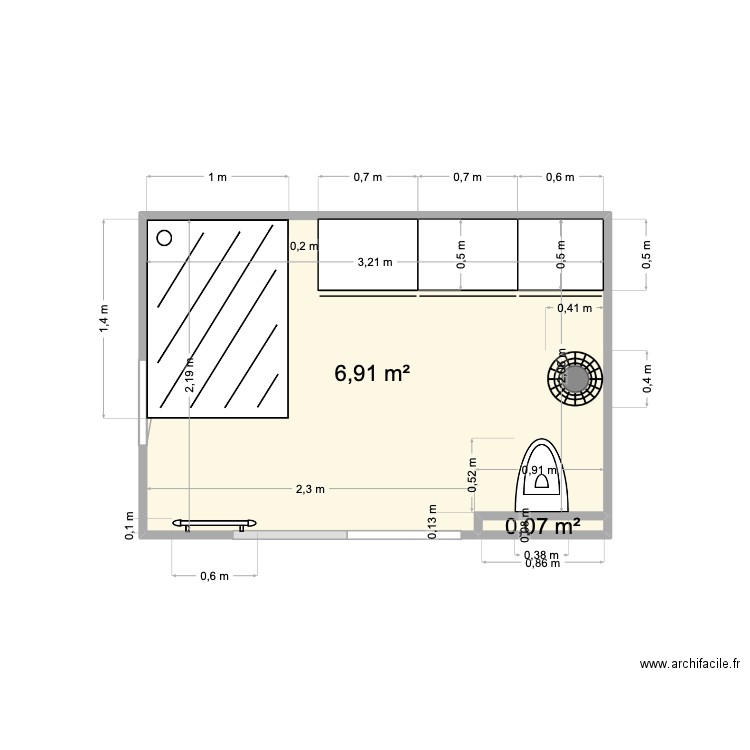 SDB parentale. Plan de 2 pièces et 7 m2