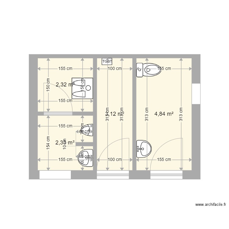 Sanitaire St Sauveur. Plan de 4 pièces et 13 m2