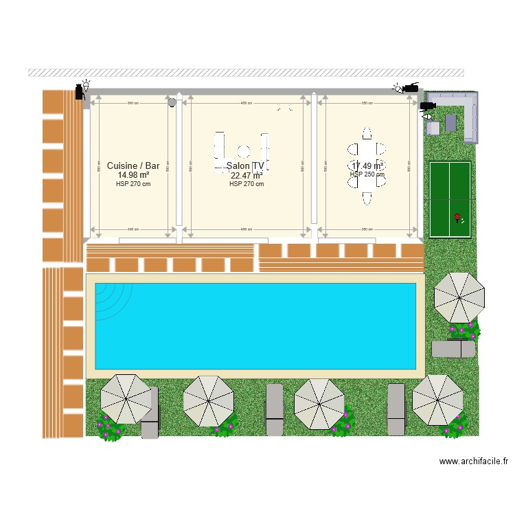 PLAN CONSTRUCTION BOIS CONCEPT 11mx5m avec plage pelouse de bois. Plan de 0 pièce et 0 m2