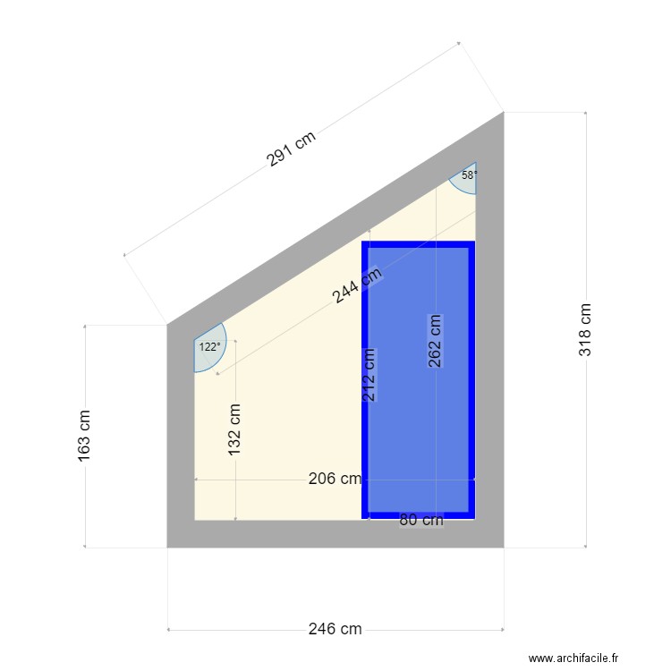 CoupeSousPenteChambre. Plan de 1 pièce et 4 m2