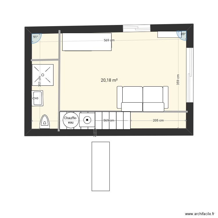 Cabane escalier coupé . Plan de 3 pièces et 42 m2