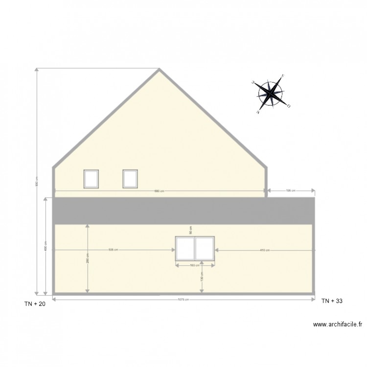 Facade côté pignon avec extension. Plan de 0 pièce et 0 m2