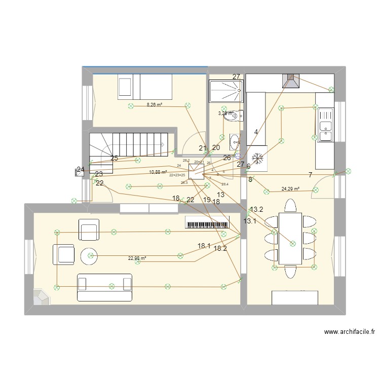 Sèvres 57 RdC Electricité - Eclairage. Plan de 5 pièces et 70 m2