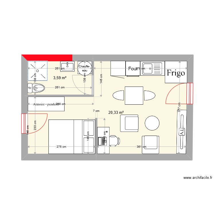 Granparigny - studio Projet. Plan de 2 pièces et 24 m2