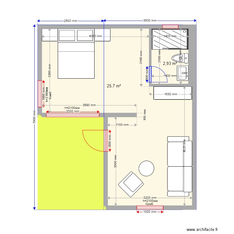 krym 2222. Plan de 3 pièces et 37 m2