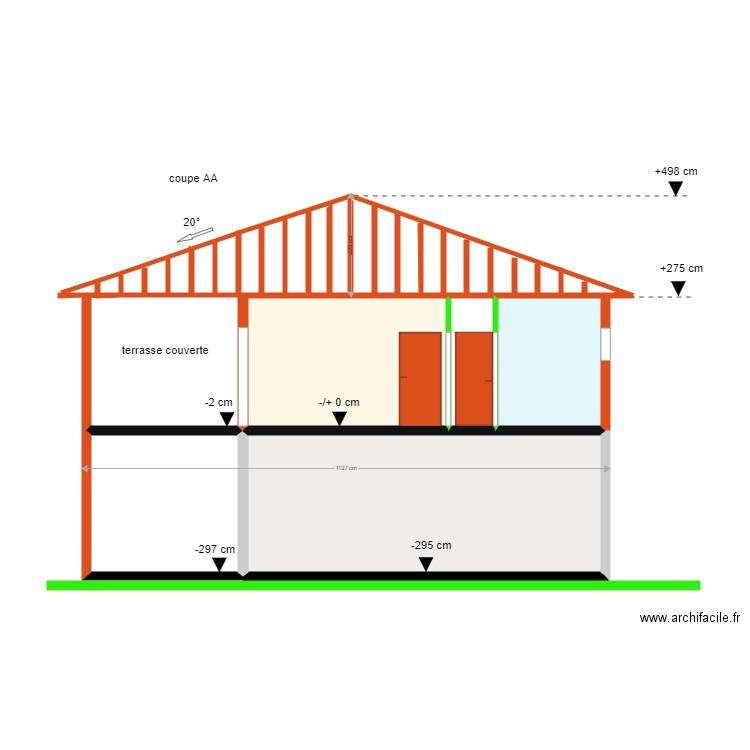 coupe AA. Plan de 11 pièces et 53 m2