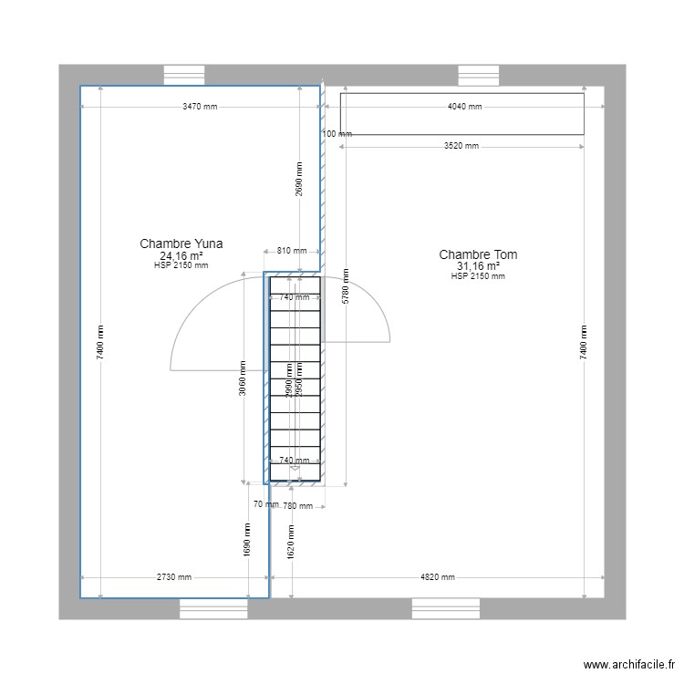 Maison Douarnenez 2ème étage surfaces. Plan de 2 pièces et 55 m2