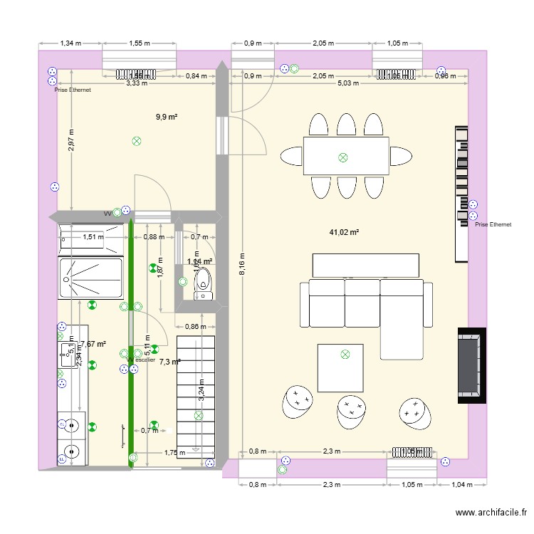 RDC hors cuisine. Plan de 5 pièces et 67 m2