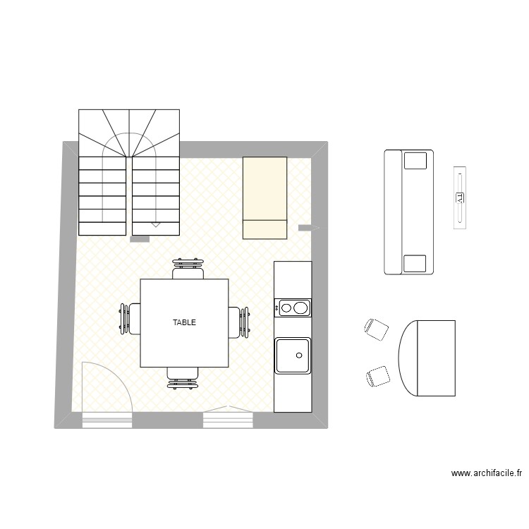 rdc salon cuisine. Plan de 1 pièce et 15 m2