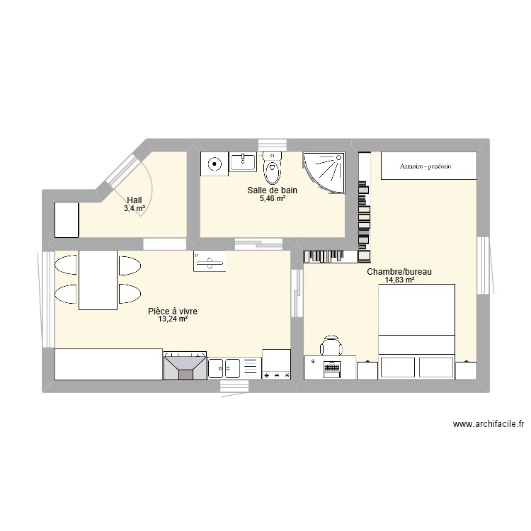 Petit Appartement 1 personne. Plan de 4 pièces et 37 m2