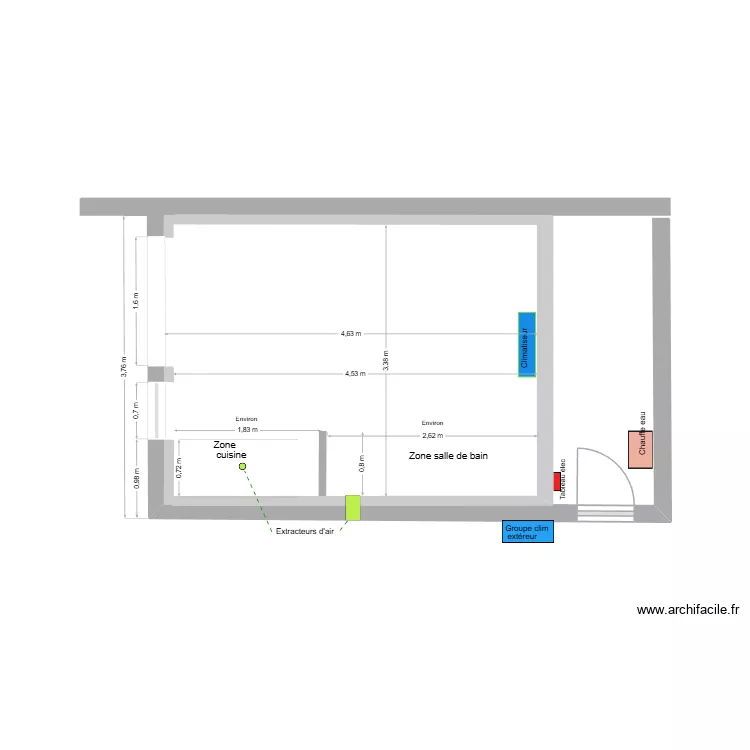 Position clim, chauffe eau, extracteurs air. Plan de 