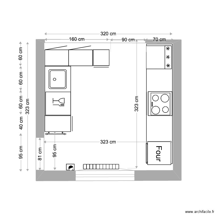 Vanves cuisine RdeJ. Plan de 1 pièce et 10 m2