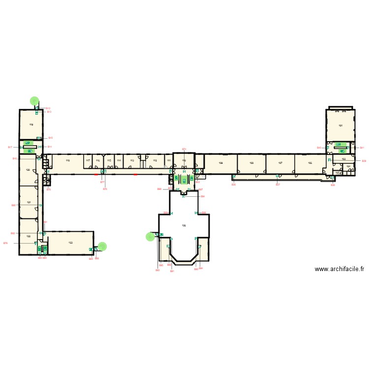 Plan 1er étage V2 avec salles et sécurité BAES. Plan de 58 pièces et 1297 m2