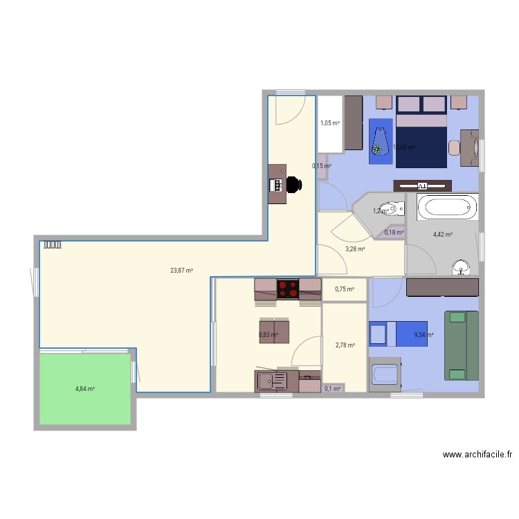 Chambres appartement. Plan de 14 pièces et 71 m2
