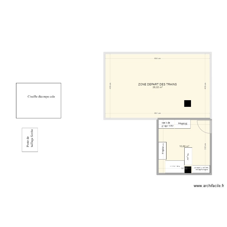 Zone préparation. Plan de 2 pièces et 37 m2