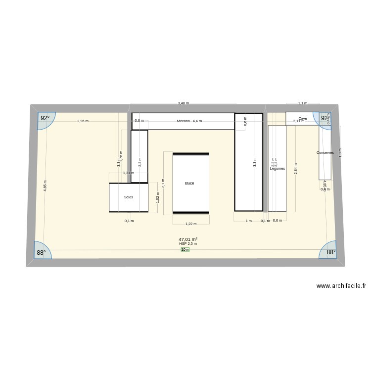 Atelier. Plan de 1 pièce et 47 m2