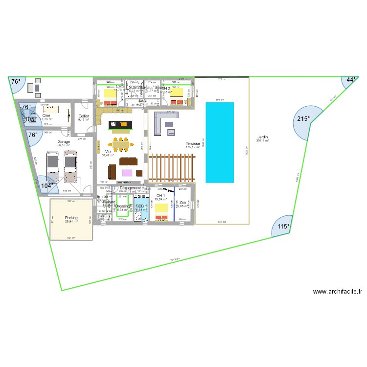 Plan 9-Bis sabs couleur D Erceau. Plan de 20 pièces et 1217 m2