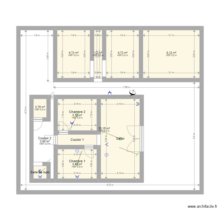 MAISON P. Plan de 12 pièces et 103 m2