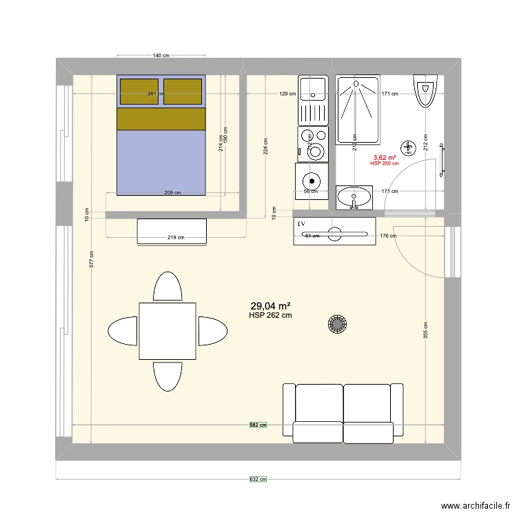 T1 rénovation. Plan de 2 pièces et 33 m2