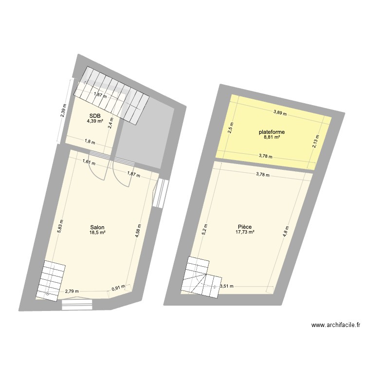 RDC-cotes. Plan de 5 pièces et 54 m2
