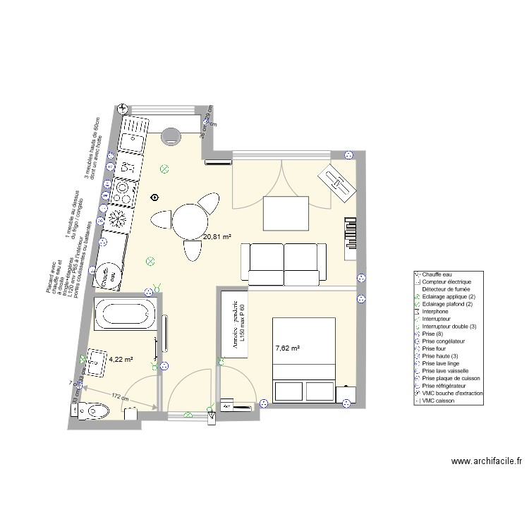 Le Perreux 2. Plan de 3 pièces et 33 m2