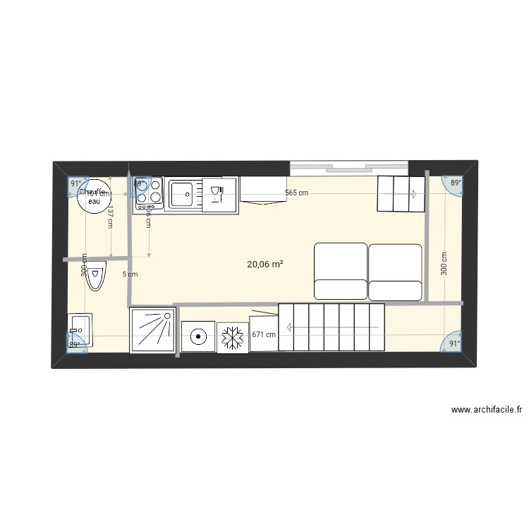 Esc 2. Plan de 1 pièce et 20 m2