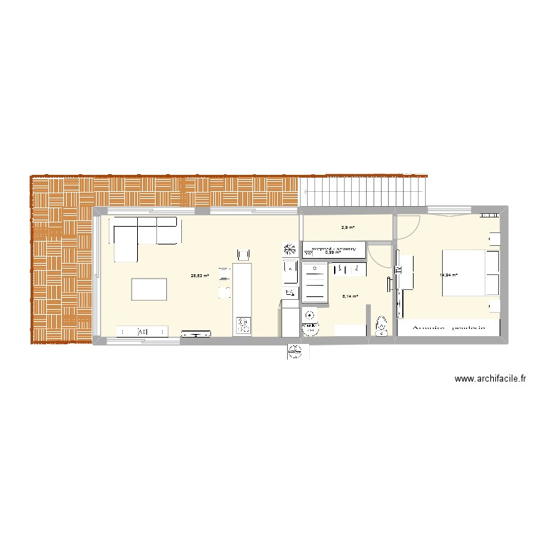 atelier etage 2 et 2 terrasses 55 No 2. Plan de 5 pièces et 56 m2