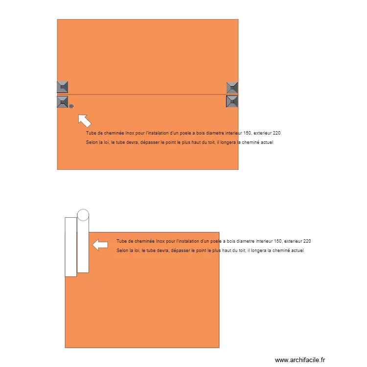 plan de toiture avec implatation du tube inox. Plan de 