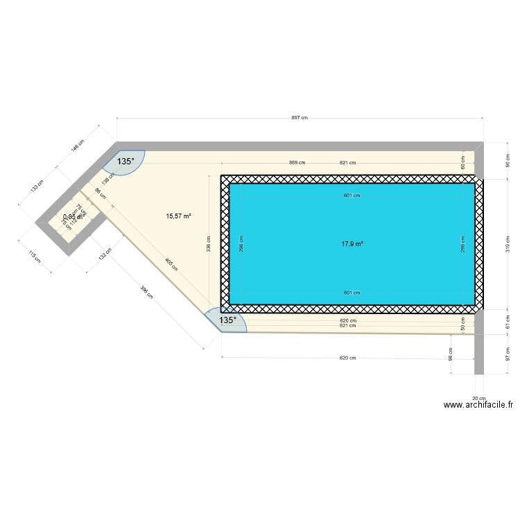 Piscine + plancher. Plan de 3 pièces et 34 m2