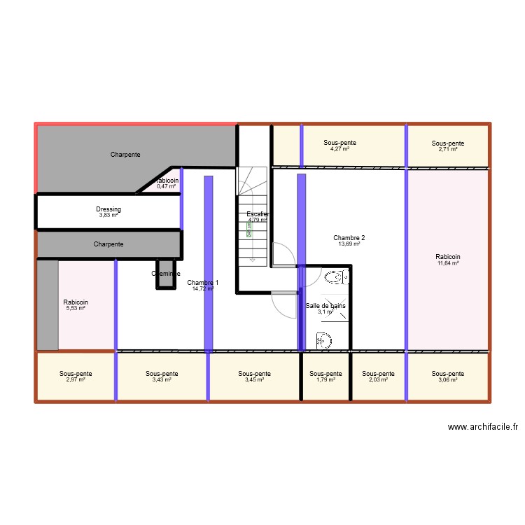 Test étage 2. Plan de 19 pièces et 94 m2