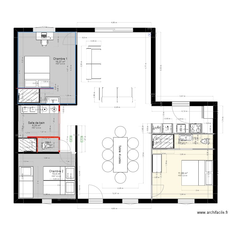 Audresselles Version 3 ch lumières. Plan de 6 pièces et 50 m2