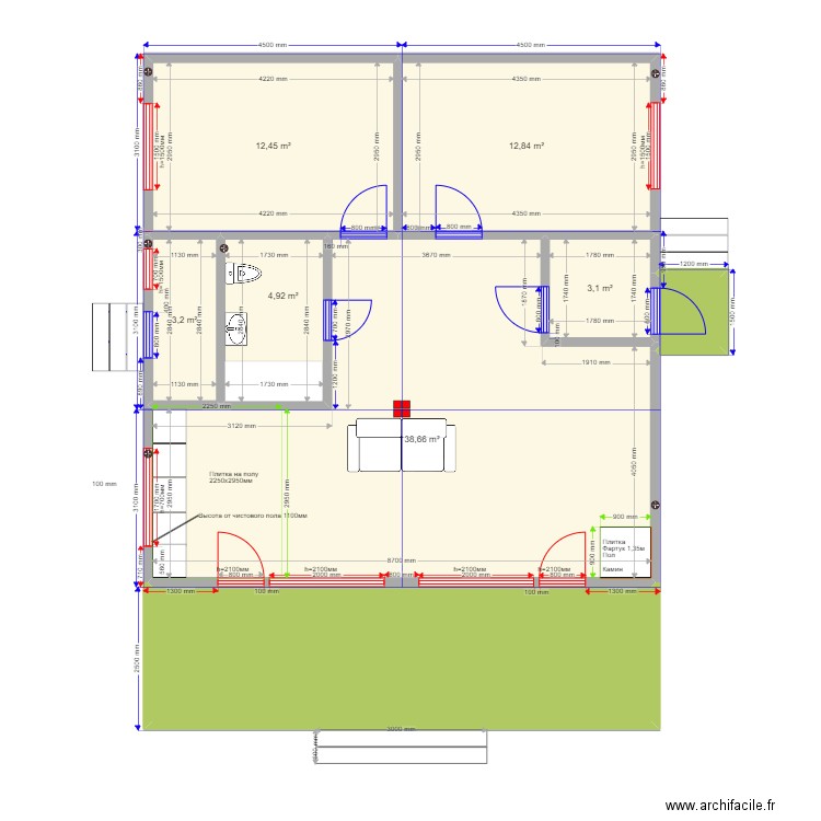 Юлия двускатка. Plan de 8 pièces et 97 m2