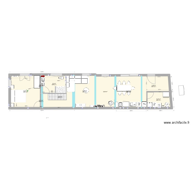 Projet 14 escalier droit centré. Plan de 19 pièces et 153 m2