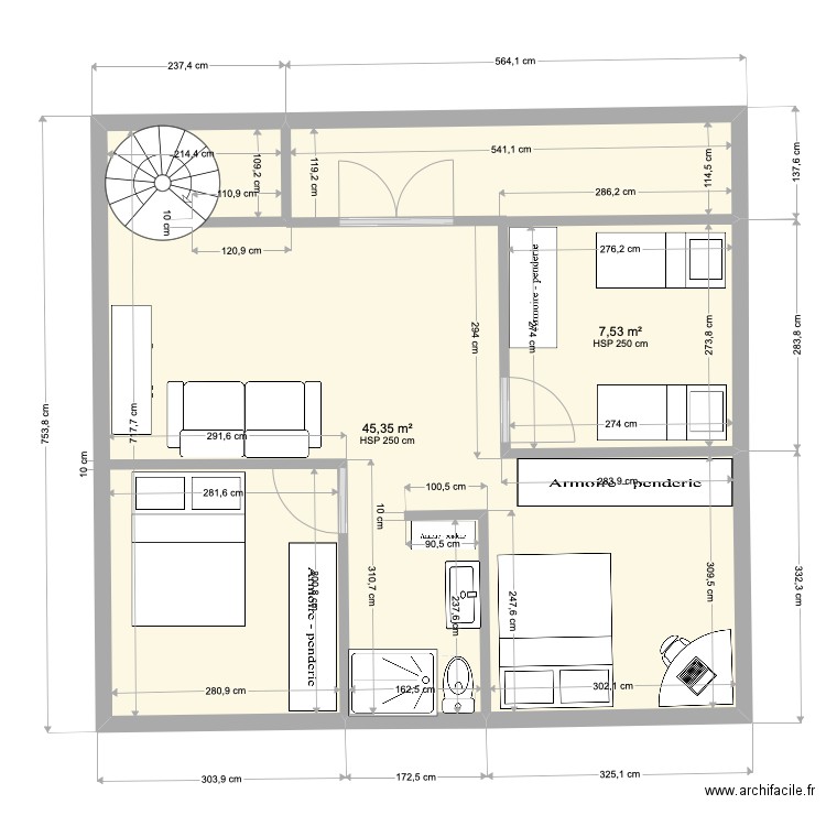 plan Etage . Plan de 2 pièces et 53 m2