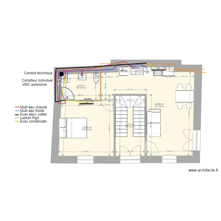 Malaucene R1 plomberie. Plan de 4 pièces et 52 m2