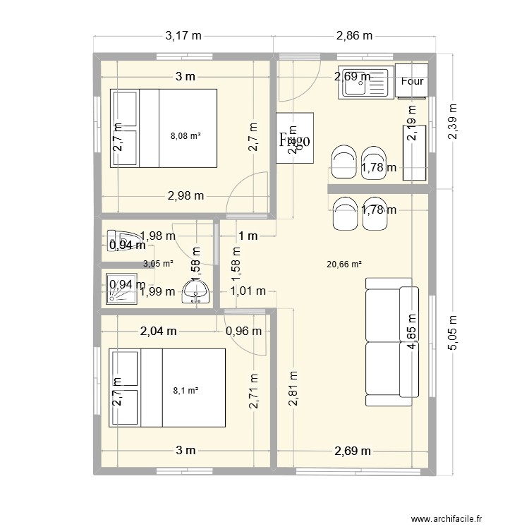 TAIOHAE. Plan de 4 pièces et 40 m2