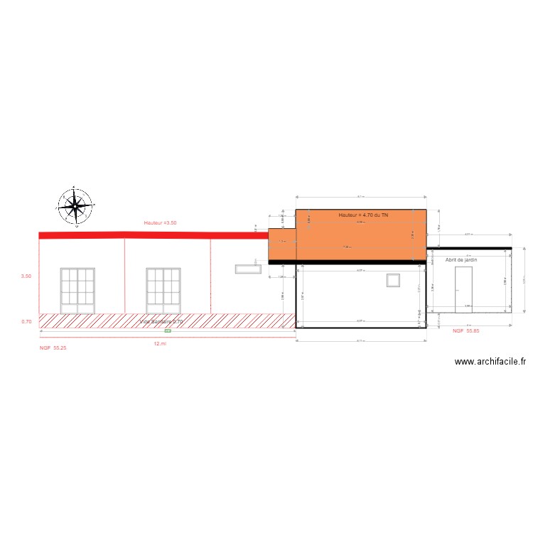 Facade OUEST. Plan de 2 pièces et 30 m2