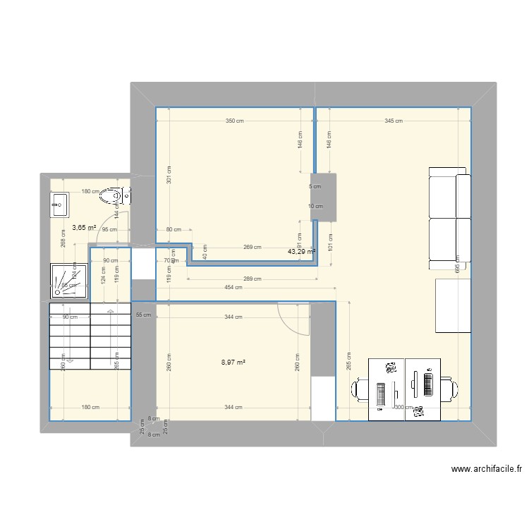 maison etage. Plan de 3 pièces et 56 m2