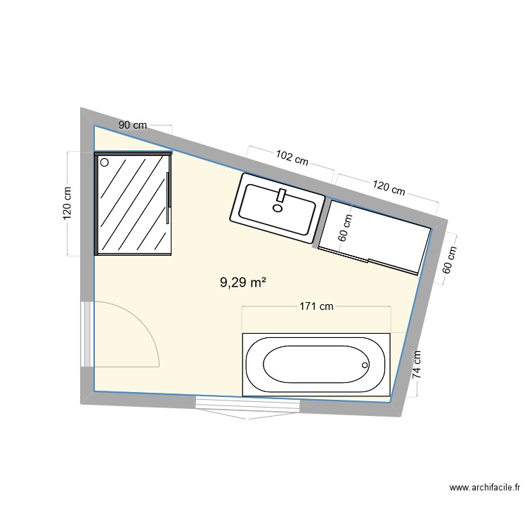 salle de bain. Plan de 1 pièce et 9 m2