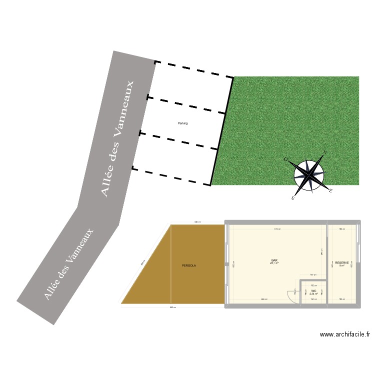 Pergola. Plan de 3 pièces et 39 m2