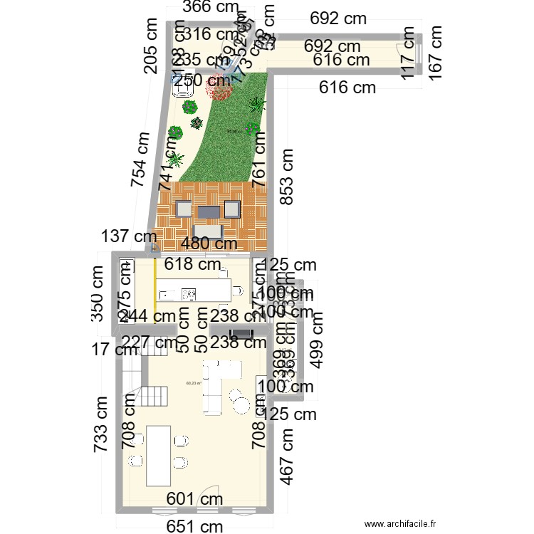 Plan RDC (avec meubles). Plan de 4 pièces et 110 m2