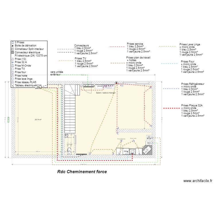 version 3 - Rdc __ cheminements force 1/50ème . Plan de 3 pièces et 80 m2