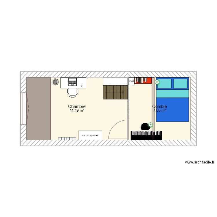 chambre. Plan de 2 pièces et 19 m2